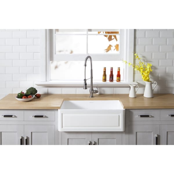 Solid Surface Stone Apron Front Farmhouse Sgl Bowl Kitchen Sink, White